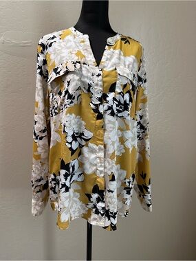 Calvin Klein White, Black & Mustard Floral Button-Down Shirt